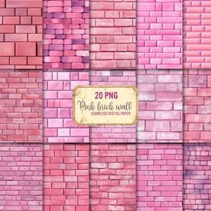 May include: A digital paper pack featuring 20 seamless patterns of pink brick walls. The patterns are ideal for scrapbooking, card making, and other craft projects.