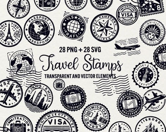 Travel Stamps Clipart, Passport Stamps SVG PNG, Airplane Vector (28 Designs)
