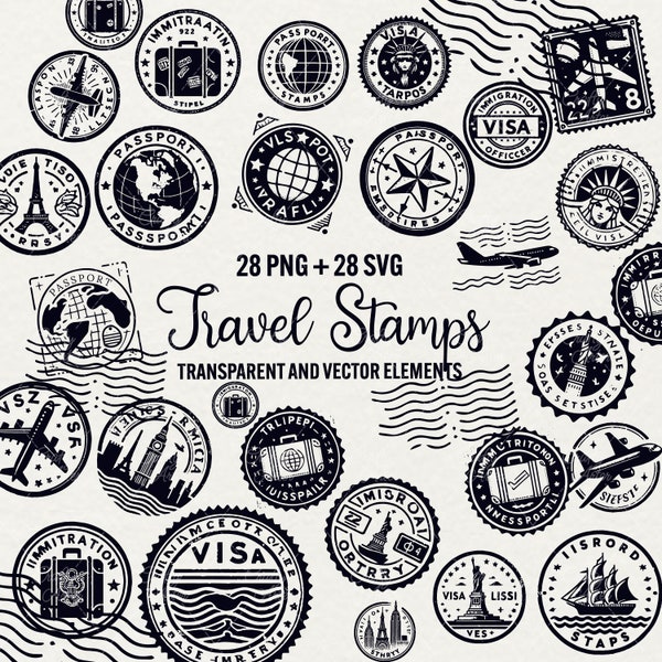 Travel stamps Svg, 28 PNG + 28 SVG Stamp Clipart, Passport Stamps, Travel Clip art, Airplane Vector, Tourism Stamps, Cricut, Commercial Use