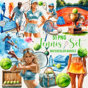 Aquarel tennis clipart, 51 PNG tennissport illustraties, balsport, schattig tennismeisje, tennisbaan, serveer, tennisracket, commercieel gebruik.