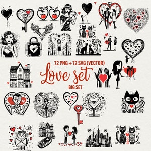 Love Heart clipart, 72 Png and 72 Svg vector Valentine  Day Line Drawing illustration, Valentines Couple Cut files Cricut, Commercial Use