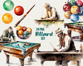 Watercolor Billiard Clipart Bundle: 24 PNG Art Images (Commercial Use)