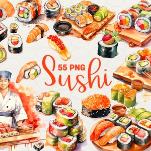Aquarel sushi clipart, 55 png, heerlijke sushi roll, clipart zeevruchten, sushi master scrapbooking, sushi restaurant, commercieel gebruik