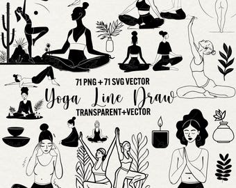 Minimalist Yoga Line Art Clipart: Poses, Meditation, Botanical (PNG, SVG Digital Download)