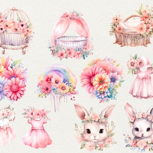 May include: Watercolor illustrations of a variety of baby-themed items, including a birdcage, a crib, a basket, a rainbow, flowers, a dress, and two bunnies. The illustrations are in shades of pink, blue, and green.
