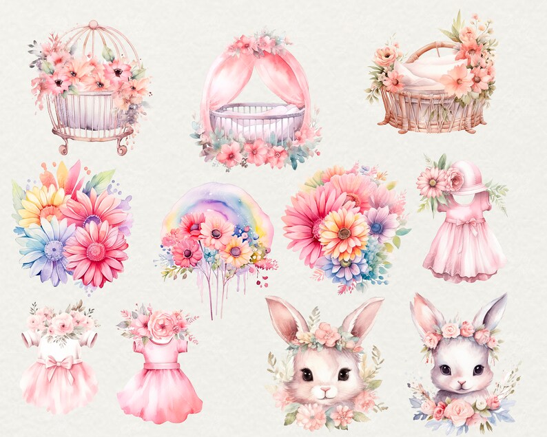 May include: Watercolor illustrations of a variety of baby-themed items, including a birdcage, a crib, a basket, a rainbow, flowers, a dress, and two bunnies. The illustrations are in shades of pink, blue, and green.
