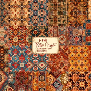 May include: A digital paper pack with 24 seamless patterns featuring retro carpet designs. The patterns are in various colors, including red, blue, yellow, and green. The patterns are inspired by traditional Persian and Turkish carpets.