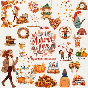 Clipart de otoño en acuarela, ilustración de otoño en 96 png, amor otoñal png, hojas de otoño, gnomos de calabaza, personajes acogedores png, uso comercial