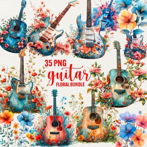 Aquarel bloemen gitaar clipart, 35 png muziekinstrument, Blossom gitaar, elektrische klassieke gitaar png, instant download, commercieel gebruik