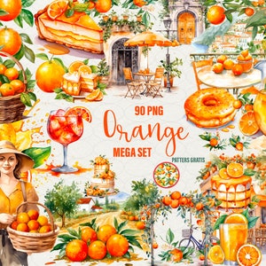 Oranje clipart, 90 png aquarel oranje clipart, oranje taart oranje frame, sinaasappelsap, oranje vrouw, cocktail, Positano, commercieel gebruik