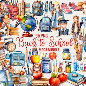 Clipart escolar de acuarela, mega paquete de regreso a clases, 95 imágenes PNG escolares, libros, niños, bolígrafos, imágenes prediseñadas de acuarela para uso comercial digital.