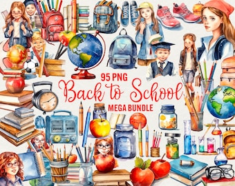 Watercolor School Clipart: Back to School Mega Bundle (95 PNG)