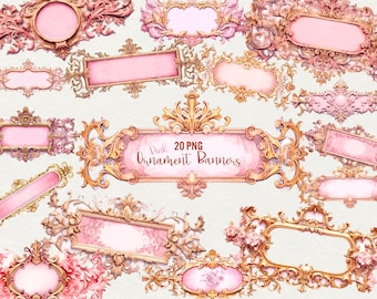 May include: 20 pink and gold ornate banner frames with intricate details. The frames are perfect for adding a touch of elegance to any project.