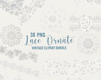 Vintage Floral Lace Clipart: 38 PNG Ornate Embellishments (Digital Download)