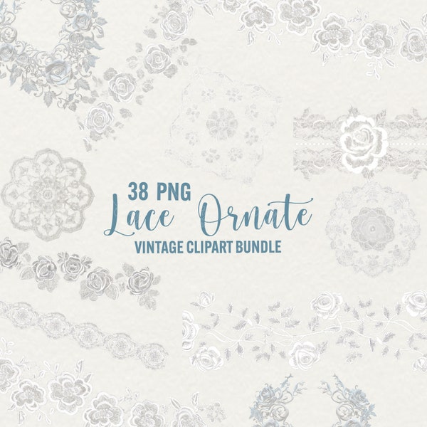 White lace overlays clipart, 38 png lace ornate embellishments, vintage floral lace, wedding clip art, digital scrapbook, commercial use