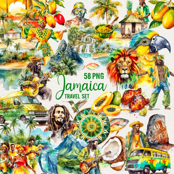 Jamaica Clipart, Summer Travel clip art, 58 png Ocean Islands Watercolor, Jamaica Reggae vacation, Dream travel clip art, Commercial Use.