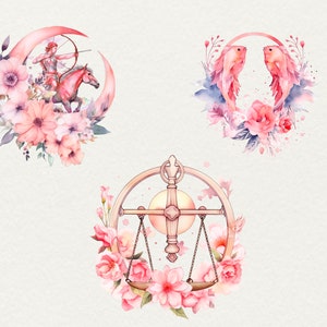 Watercolor Boho Zodiacs clipart, 12 png Horoscope clipart Astrological floral pink zodiac, Watercolor illustration Commercial Use