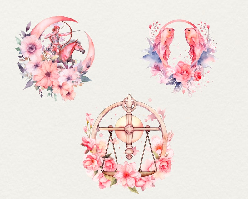 Watercolor Boho Zodiacs clipart, 12 png Horoscope clipart Astrological floral pink zodiac, Watercolor illustration Commercial Use