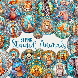 Watercolor Stained Animals Clipart, 51 png Stained Watercolor glass Window PNG, Fantasy animal Clipart, Window animal PNG, Commercial Use