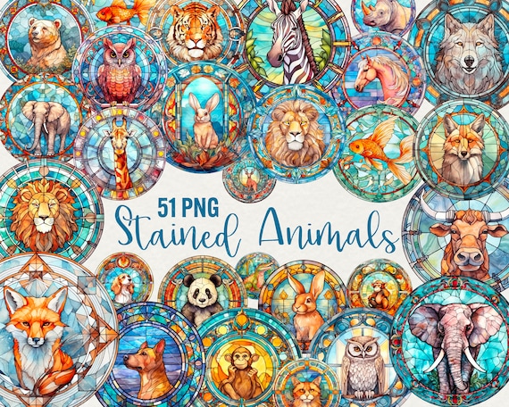 Stained Glass Animals Clipart: Watercolor Window PNG (51 Files)