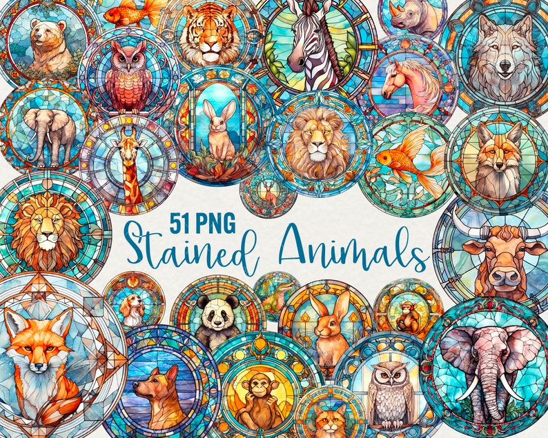 Watercolor Stained Animals Clipart, 51 png Stained Watercolor glass Window PNG, Fantasy animal Clipart, Window animal PNG, Commercial Use