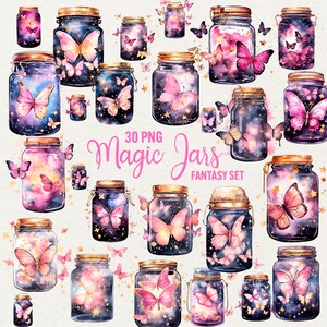 Himmlische Schmetterling Gläser Aquarell Clipart Bundle, 30 PNG Art Galaxy Fantasy Glas lila und magische Grafiken, sofortiger Download kommerzielle Nutzung