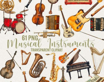 May include: A collection of 61 watercolor illustrations of musical instruments, including a trumpet, a saxophone, a harp, a piano, a guitar, a ukulele, a violin, a cello, a drum set, an accordion, a banjo, and a clarinet. The illustrations are in a vintage style and are perfect for scrapbooking, card making, and other craft projects.