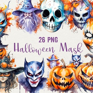 Watercolor Halloween Mask Clipart, Watercolor Halloween graphics 26 PNG Horror Pumpkin mask Clipart, Commercial use
