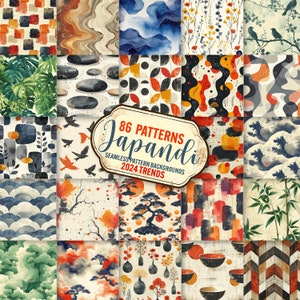 Cyfrowe papiery Japandi, 86 bezszwowych wzorów, japoński papier cyfrowy, skandynawski minimalizm, modne wzory, estetyczne, do użytku komercyjnego.