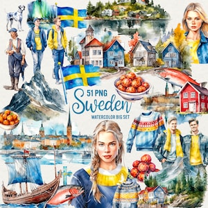 Aquarel Zweden clipart, 51 png Zweden landschappen clipart, Zweedse natuur clipart, Scandinavisch meisje, huis reizen clipart, commercieel gebruik