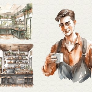 May include: Two watercolour illustrations of a coffee shop interior with a bar, shelves, and plants. The second illustration shows a person holding a cup of coffee.