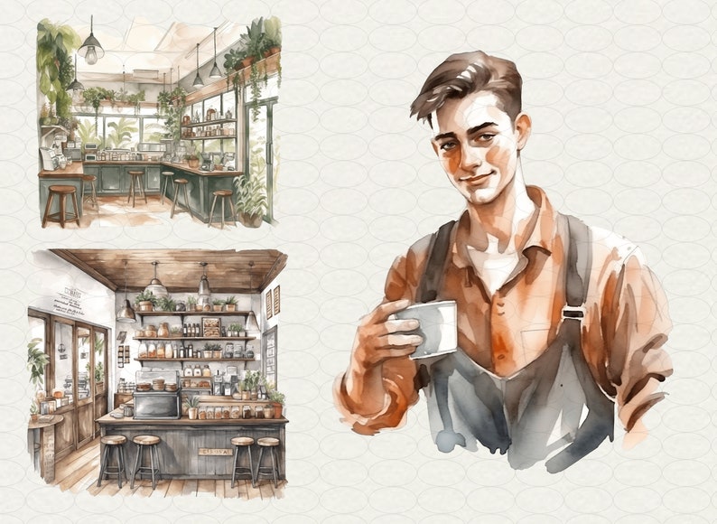 May include: Two watercolour illustrations of a coffee shop interior with a bar, shelves, and plants. The second illustration shows a person holding a cup of coffee.