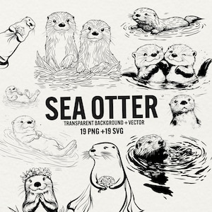 Puede incluir: Un conjunto de 19 ilustraciones en blanco y negro de nutrias marinas en varias poses. Las ilustraciones son de estilo de dibujos animados y presentan el texto "SEA OTTER" y "TRANSPARENT BACKGROUND + VECTOR 19 PNG + 19 SVG".