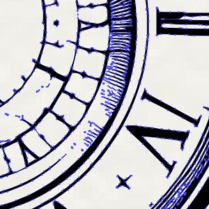 May include: Close-up of a black and white clock face with Roman numerals. The clock face has a decorative design around the edge.