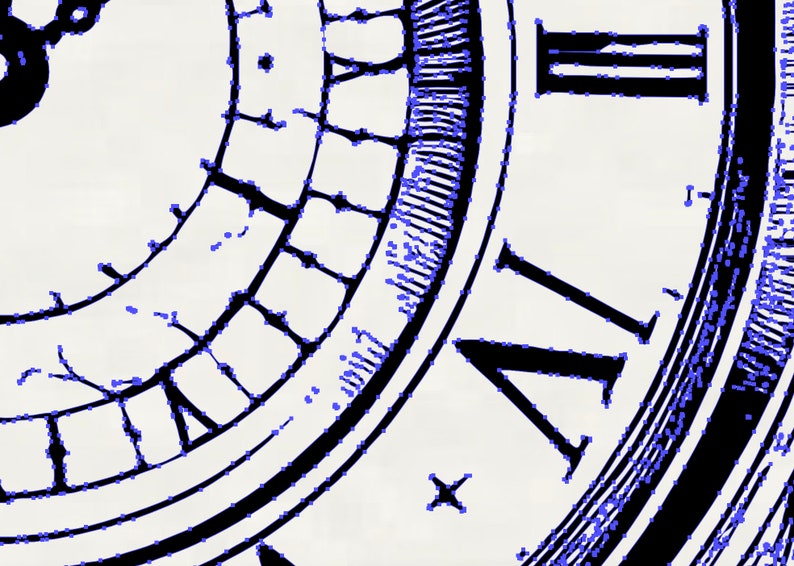 May include: Close-up of a black and white clock face with Roman numerals. The clock face has a decorative design around the edge.