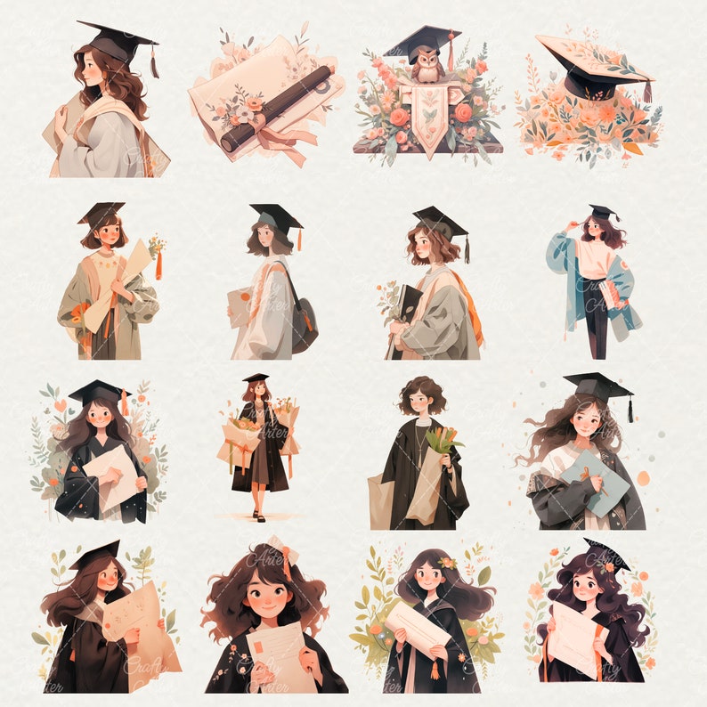 Pastel Graduation Clipart Bundle: 76 PNG Illustrations (commercial Use ...