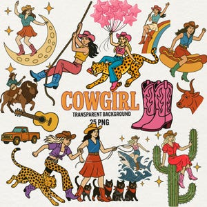 Cowgirl PNG clipart, western girl digital stickers, retro cowgirl, rodeo png, cowgirl shirt design, transparent background, commercial use