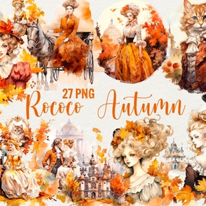 Clipart de outono aquarela rococó, 27 png Ilustração de outono aquarela outono Vintage Lady rococó, clipart de temporada de outono, uso comercial