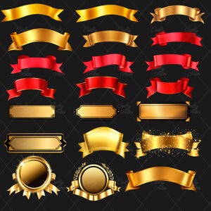 Ribbon Banners Clipart, 50 png red banners, gold ribbons, labels png, scrapbook, junk journal, transparent background, commercial use, ribbon overlays, paper crafts, red flag tag, gold flag tag, banner clip art graphics