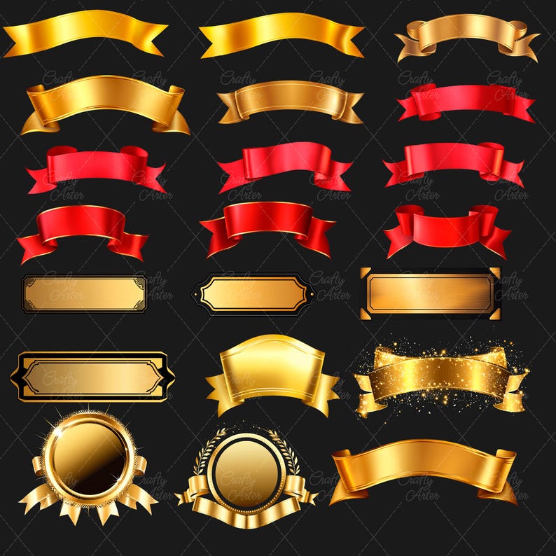 Ribbon Banners Clipart, 50 png red banners, gold ribbons, labels png, scrapbook, junk journal, transparent background, commercial use, ribbon overlays, paper crafts, red flag tag, gold flag tag, banner clip art graphics