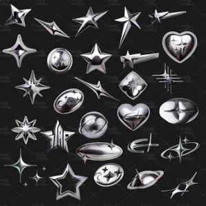 Metal star PNG bundle with 45 chrome aesthetic clipart designs, including silver starbursts, shooting stars, spiked stars, outlined stars, orbiting planets, crescent moons, and celestial shapes. Trendy Y2K and futuristic style, perfect for digital art, sublimation, scrapbooking, websites, social media posts, Twitch overlays, and DIY crafts. Each PNG has a transparent background, ideal for Canva, and other design platforms. Great for aesthetic and gothic projects.
