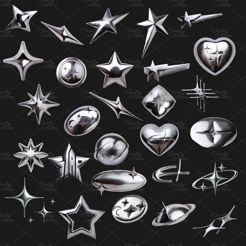Metal star PNG bundle with 45 chrome aesthetic clipart designs, including silver starbursts, shooting stars, spiked stars, outlined stars, orbiting planets, crescent moons, and celestial shapes. Trendy Y2K and futuristic style, perfect for digital art, sublimation, scrapbooking, websites, social media posts, Twitch overlays, and DIY crafts. Each PNG has a transparent background, ideal for Canva, and other design platforms. Great for aesthetic and gothic projects.