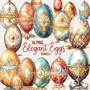 Imágenes prediseñadas de huevos rococó de acuarela, imágenes prediseñadas elegantes, 16 imágenes prediseñadas de huevos rococó elegantes PNG, hermosos huevos antiguos adornados, uso comercial.