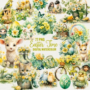 Aquarelle Pâques Clipart vert Pâques 77 PNG, animaux de Pâques mignons, lapins de Pâques, chèvre, fleurs, téléchargement numérique instantané, usage Commercial