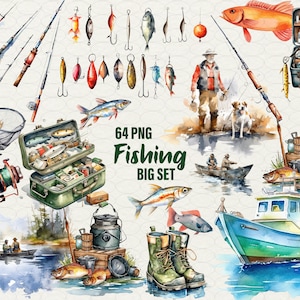 Watercolor Fishing Clipart, Fishing Clipart Bundle, Fishing 64 PNG Clip Art Fishing theme Watercolor Fishing, Commercial Use