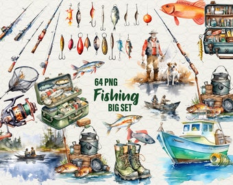Watercolor Fishing Clipart, Fishing Clipart Bundle, Fishing 64 PNG Clip Art Fishing theme Watercolor Fishing, Commercial Use