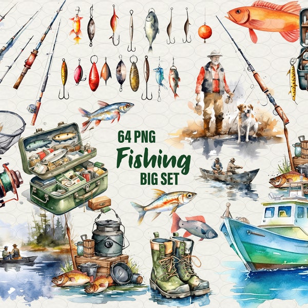 Watercolor Fishing Clipart, Fishing Clipart Bundle, Fishing 64 PNG Clip Art Fishing theme Watercolor Fishing, Commercial Use