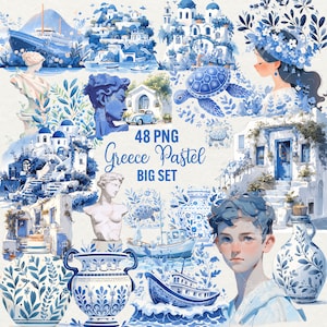 Pacchetto clipart Grecia, Clip art estiva Grecia pastello, 48 png Grecia acquerello, Viaggio in Grecia, Pacchetto png Grecia, Uso commerciale.