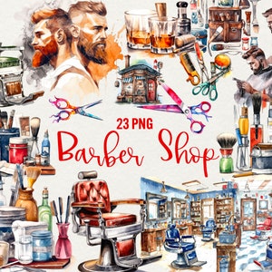 Aquarell Barber Shop Clipart, Friseur Clipart Bundle, 23 PNG Clip Art Friseur Friseur Thema Aquarell, kommerzielle Nutzung