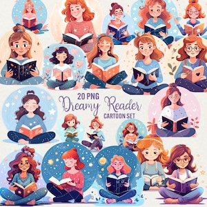 Girl Reading Clipart, 20 PNG Book Lover Cartoon, Dreamy Girl, Cozy Bookworm, Girl Read Book Png, Instant Digital Download, Commercial Use